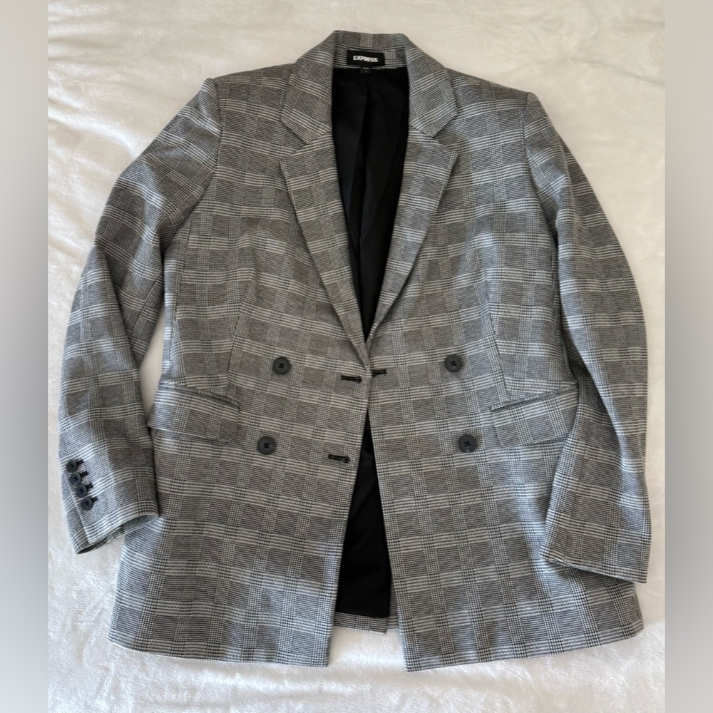 Express Women L Glen Plaid Academia Preppy Shoulder Pads Double Breasted Blazer